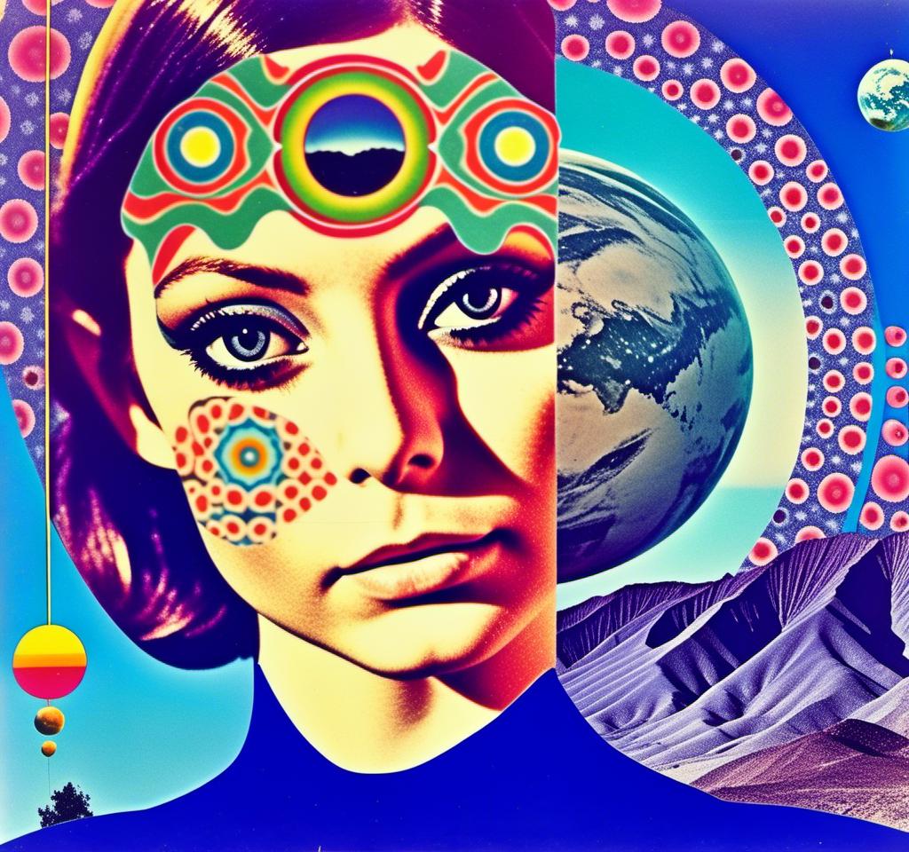 Prompt: a vintage 70s surreal psychedelic collage featuring a photograph of a young woman - it has a vintage 70s surreal science fiction art house feel to it. The photograph is cut out and edited into a collage made up of other photographs and art and feature things such as eyes, psychedelic third eyes, planets and stars, desert alien landscapes and mountains, psychedelic trippy patterns and optical illusions, psychedelic mushrooms, cats, UFOs, etc all mixed up together to create a surreal psychedelic collage effect<mymodel>