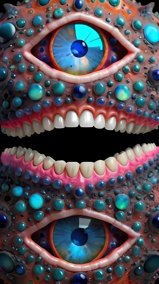 Prompt: Create an extremely hyper-realistic, ultra super textural, weird, trippy, surreal, psychedelic eyes/teeth/mouth pattern/design based on "Mandelbrot", with lots of human eyes (crazy colorful compound psychedelic), rows of human teeth, human lips, and tongues. 

- **Colors**: determined by the properties and expressions of the elements (& their isotopes), minerals, and metals: Labradorite, Yttrium (Y), silicon, Sapphire; “Mandelbrot”

**Shapes and forms**
- "Mandelbrot" 
-other shapes determined by the natural properties and expressions of the elements (& their isotopes), minerals, metals, and biological organisms: Labradorite, Sapphire,  Yttrium (Y), Smithsonite ; Mandelbrot

- **Textures**: Derived from any/all elements (& their isotopes), minerals, metals, crystals, organic things mentioned in this prompt:"Mandelbrot" , Labradorite, Yttrium (Y), Smithsonite


**Composition and Layout**:
- a pattern/design based on "Mandelbrot"

**Lighting**:
- Lots of bright light
- zoomed out

**Detail and Atmosphere**:
- Extreme hyperrealistic sharp high detail high definition organic and mineral textures
- Psychedelic, weird, odd, surreal atmosphere
- Frozen in time

**Additional Elements**:
- "Mandelbrot", extra rows of teeth, lips, many eyes,
