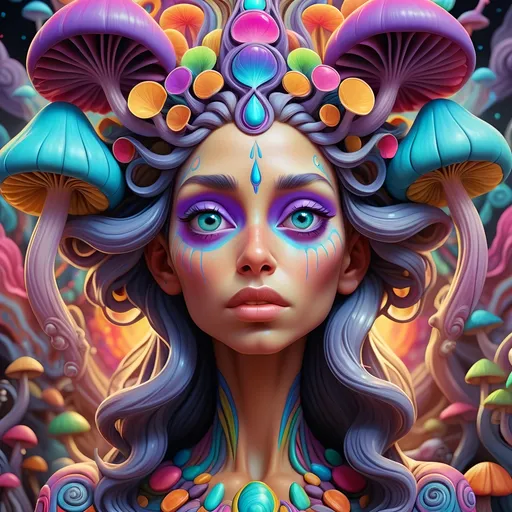 Prompt: Ultra high definition super hyperrealism of Psychedelic goddess with mushroom-inspired features, vibrant fractals, hallucinatory atmosphere, divine feminine energy, psilocybe cubensis, liberty caps, trippy visuals, mystical aura, highres, colorful, psychedelic, detailed features, surreal, vibrant colors, hallucinatory lighting