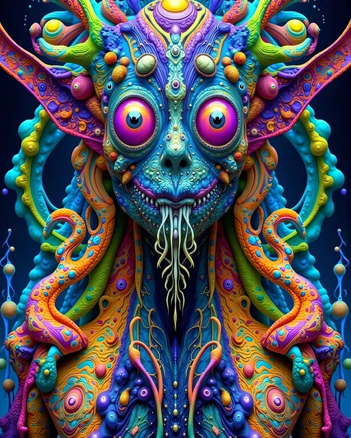 Prompt: An extremely super hyper detailed hyperrealistic weird surreal trippy psychedelic entity manifests, adorned with a multitude of psychedelic compound human eyes, arranged meticulously in a Fibonacci Spiral tiling pattern. These eyes, vibrant and entrancing, create a mesmerizing visual symphony. Rows upon rows of psychedelic teeth form a fractal-like pattern akin to the Mandelbrot Set, spiraling endlessly.

The entity's skin is a shimmering tapestry of iridescent Ammolite, displaying a spectrum of colors that shift with every movement. Interspersed are cubic Fluorite crystals in pale yellow, contrasting vividly with the backdrop. Swirling through its form are veins of Charoite, vivid purple strands weaving cosmic energy throughout its being.

On a microscopic level, Quantum Foam bubbles and fluctuates, giving the entity an ethereal, ever-changing appearance. Vibrating Quantum Strings hint at the fundamental nature of its existence, while Quantum Entanglement weaves an invisible web, linking its myriad parts in a dance of interconnectedness.

The background is a surreal landscape inspired by the Voronoi Tiling pattern, resembling an infinite cellular structure. The ground is a mosaic of royal blue Sodalite, with veins of white calcite creating a natural yet otherworldly pattern. Above, a sky of swirling Quantum Wave Functions paints a picture of potential realities, each wave a probability, each crest a possibility.

This entity embodies the fusion of mathematical precision and quantum chaos, a creation born from the abstract merging of natural, microscopic elements, minerals, and quantum phenomena, existing in a realm where reality and imagination blur into one.