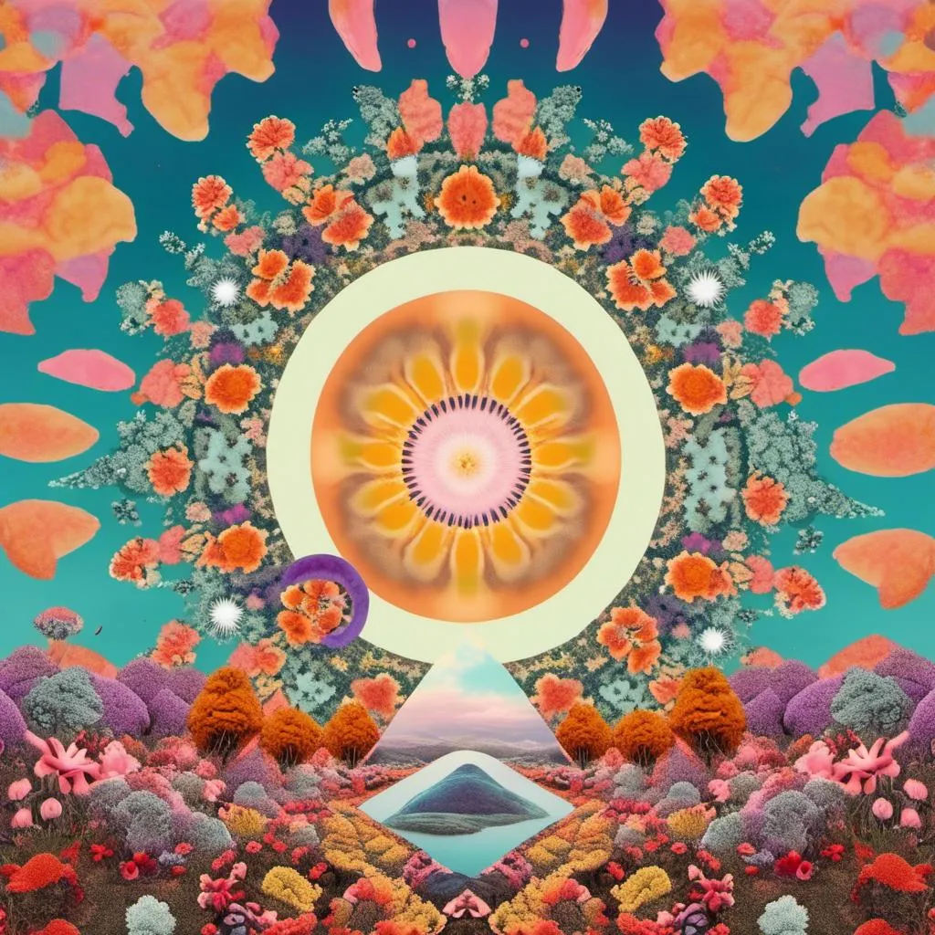 Prompt: A psychedelic collage evoking a vintage 70s sci fi feel but I stead of the sci-fi theme let’s do wildflowers. Photos and art of wildflowers spliced with things like psychedelic patterns/optical illusions, landscapes, geometry, mushrooms/fungus, insects, the sun & moon, etc. Employ a pretty floral color pallet but keep that surreal feel in this natural organic psychedelic collage<mymodel> 