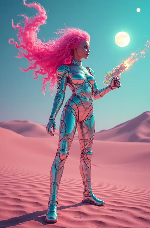 Prompt: A babelicious retrofuturistic space babe stands on a vividly colored alien desert, with two large glowing moons in a pastel, psychedelic sky. Her long curly pink hair flows upward in gravity-defying swirls, sculpted into a retrofuturistic style with translucent coils and chrome accents. She wears tight iridescent holofractal armor, covered in glowing, whimsical glyphs and symbols—stars, loops, cosmic sigils—etched into the chrome like sacred circuitry. The suit shines with bright rainbow translucence, reflecting every color like oil on water.

In one hand, she holds a clear, crystalline raygun that blasts a stream of electric rainbow geometry—spinning fractal snowflakes, Platonic solids, prism stars—exploding from the barrel in midair, leaving trails of color and light. Her body gleams with liquid-like surfaces that shift color depending on the angle, glowing against the pale sand.

The desert landscape ripples with black-and-white optical illusion patterns—checkerboards, swirl tunnels, and distorted grids—emerging from the dunes like psychedelic mirages. Small, adorable green aliens peek from behind rocks, staring in awe. The whole scene is richly illustrated, with hand-drawn textures, stippling, watercolor fills, and a grainy analog collage aesthetic, blending traditional sci-fi illustration with psychedelic surrealism.

Style: La Planète Sauvage meets Lisa Frank x retro pulp sci-fi cover art
Visual features: ultra-vivid neons, translucent shimmer, pastel iridescence, glitchy surreal textures, sacred geometry
Mood: powerful, strange, euphoric—she’s an interdimensional pop goddess with a glitter cannon and zero regrets.