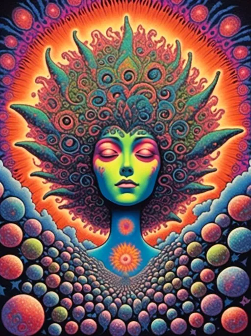 Prompt: <mymodel>A vibrant and surreal painting of an astral psychedelic DMT entity,, in highly detailed, psychedelic poster art style, with surreal lighting and astral planes, showcasing vibrant colors and surreal hallucinations, best quality, highly detailed, psychedelic, surreal, vibrant colors, open third eye, astral entity, poster art, surreal lighting, astral planes