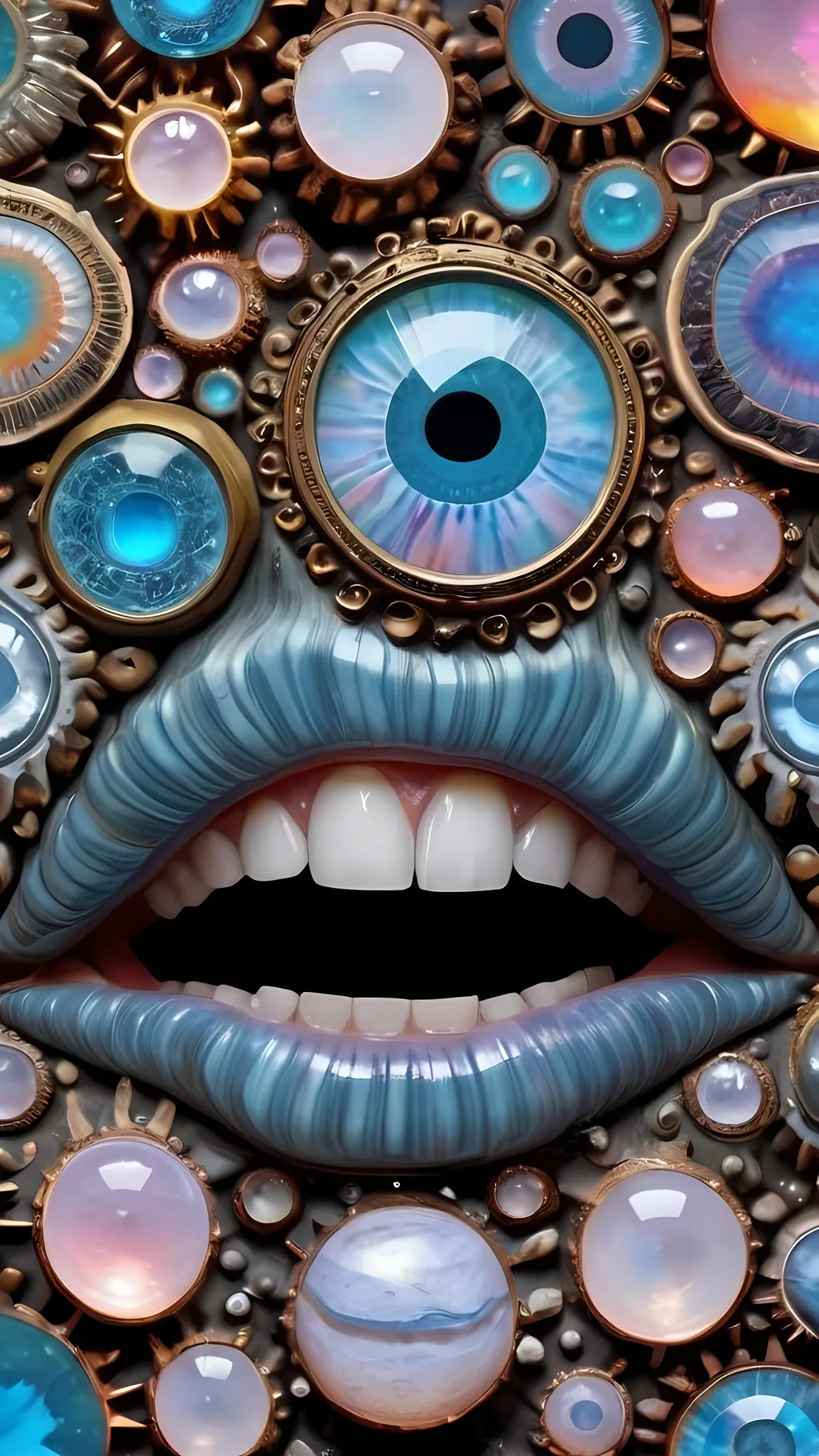 Prompt: Create an extremely hyper-realistic, ultra super textural, weird, trippy, surreal, psychedelic eyes/teeth/mouth pattern/design based on Mandelbrot & “Op Art tiling” with lots of human eyes (crazy colorful compound psychedelic), rows of human teeth, human lips, and tongues. 

- **Colors**: determined by the properties and expressions of the elements (& their isotopes), minerals, and metals: opal, moonstone, Kunzite, selenite, rose quartz, Platinum (Pt)

**Shapes and forms**
- Mandelbrot 
- "Op Art tiling" 
-other shapes determined by the natural properties and expressions of the elements (& their isotopes), minerals, metals, and biological organisms: opal, moonstone, Kunzite, selenite, rose quartz,  Platinum (Pt)


- **Textures**: Derived from any/all elements (& their isotopes), minerals, metals, crystals, organic things mentioned in this prompt: opal, moonstone, Kunzite, selenite, rose quartz, Platinum (Pt)

**Composition and Layout**:
- a pattern/design based on the Op Art tiling & Mandelbrot 

**Lighting**:
- lots of bright light
- Iridescence
- Aventurescence
- Chatoyancy
- Asterism

**Detail and Atmosphere**:
- Extreme hyperrealistic sharp high detail high definition organic and mineral textures
- Psychedelic, weird, odd, surreal atmosphere
- Frozen in time

**Additional Elements**:
- extra rows of teeth, lips, many eyes, Op Art tiling, Mandelbrot, Iridescence, Aventurescence, Chatoyancy
