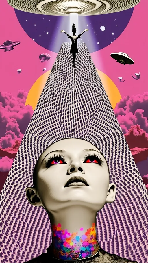 Prompt: Create a hyperrealistic yet illustrative close-up of an alien girl's face and the text phrase “TAKE ME HOME” - Her head is conical-shaped and bald, with large almond-shaped eyes that reflect a mesmerizing array of colored lights. She gazes up at a massive UFO hovering above, its metallic silver surface shimmering with holographic hues. The UFO is adorned with intricate alien designs, showcasing fine, delicate patterns that suggest advanced technology. A ray of light beams down from the UFO, casting a soft glow on her features. The scene is filled with ultra-fine details, blending realism with artistic creativity, capturing an otherworldly beauty.