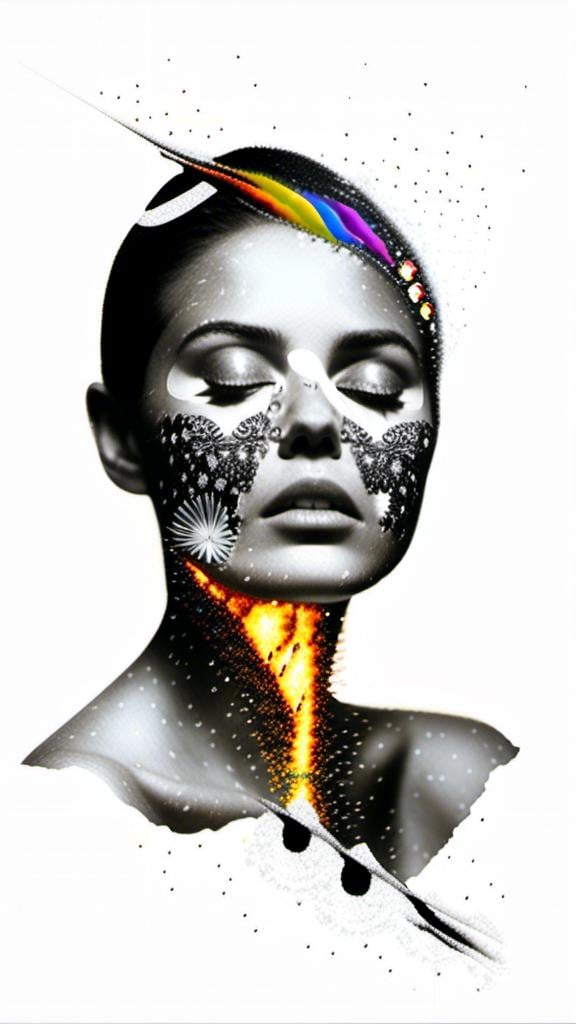 Prompt: a mixed media collage portrait of a woman in a black or white photograph that has bit edited with other media to create a collage like illusion that she is burning in shining metallic glittery rainbow colored fire flames , sparkle, colored paints, rhinestones sequins paint paper high texture-multimedia rainbow astral flames bursting forth from a black and white photograph of a woman<mymodel>