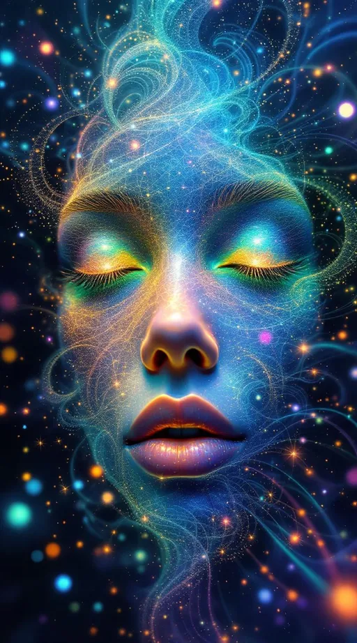 Prompt: "An interdimensional, recursive abstract face formed from complex fractal geometries and spectral rainbow light, now enveloped in a secondary layer of fractal sparkle fields—dimensional clouds of intelligent light particles. The facial structure itself is deeply recursive: the eyes spiral with nested Julia sets and Lorenz flows; the lips undulate with flame fractals splitting infinitely; the skin tessellates with Mandelbox geometry. Around this form floats an entire fractal dimension composed of luminous micro-attractors—each particle a point of recursive light orbiting in strange-attractor spirals. These sparkles pulse, flicker, and drift through the air like sentient plasma, forming halos, trails, and feedback patterns. As the fractal face pulses, so do the particles—synchronizing in recursive waveforms of light, creating a dimensional shimmer. The entire scene is embedded in warped, non-Euclidean space where every photon bends and splits into recursive rainbow arcs. Light and form are indistinguishable. The face is both infinite structure and mythic intelligence, a being of sacred geometry surrounded by luminous fractal swarms that mirror its inner logic. Each sparkle is a whisper of the whole."


