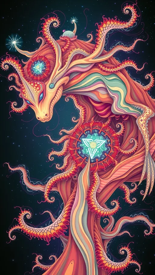 Prompt: A strange surreal beautiful flowing lithe interdimensional psychedelic entity/creature, made of fractal geometry, existing in many dimensions simultaneously, melting from one dimension to the next, phasing in and out of reality, inter dimensional fractal geometry come to life, psychedelic, trippy, weird, but beautiful, 