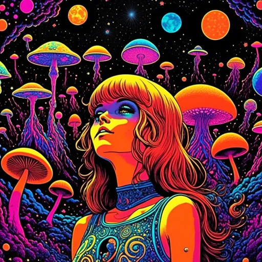 Prompt: <mymodel>Vintage 70s black light poster art illustration, girl hallucinating in space, psychedelic mushrooms, planets, moons, stars, fractals, vibrant colors, intense black light effects, detailed psychedelic girl, cosmic atmosphere, high quality, psychedelic, vintage, space, vibrant colors, fractal details, hallucination, girl illustration, retro art style, cosmic lighting