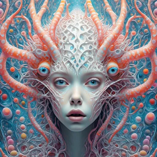 Prompt: <mymodel> Extremely hyperrealistic psychedelic geometric creature, trippy, surreal, odd, weird, unsettling, multidimensional geometry, nonhumanoid  geometric shape, translucent, silver, white, bright pastel colors, fractals, ultra textural, creature, monster, entity, face/body/mouth, eyes