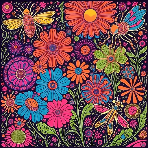 Prompt: <mymodel>Psychedelic poster art illustration of wildflowers & insects, vibrant colors, detailed floral patterns, surreal insect designs, high quality, detailed, poster art, vibrant colors, wildflowers, insects, psychedelic, floral patterns, surreal, high contrast lighting, detailed illustration