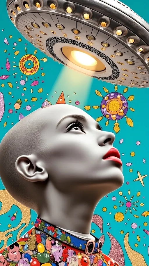 Prompt: Create a hyperrealistic yet illustrative close-up of an alien girl's face and the text phrase “TAKE ME HOME” - Her head is conical-shaped and bald, with large almond-shaped eyes that reflect a mesmerizing array of colored lights. She gazes up at a massive UFO hovering above, its metallic silver surface shimmering with holographic hues. The UFO is adorned with intricate alien designs, showcasing fine, delicate patterns that suggest advanced technology. A ray of light beams down from the UFO, casting a soft glow on her features. The scene is filled with ultra-fine details, blending realism with artistic creativity, capturing an otherworldly beauty.