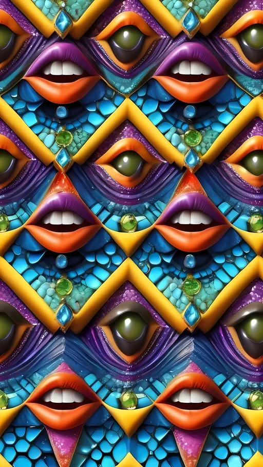 Prompt: Create an extremely hyper-realistic, ultra super textural, weird, trippy, surreal, psychedelic pattern/design based on crystal tiling, with lots of human eyes (crazy colorful compound psychedelic), rows of human teeth, human lips, and tongues. Include mineral crystal accents.

- **Colors**: determined by the properties and expressions of the elements, minerals, and metals: phosphorus, peridot, citrine, tourmaline, pyrite, silver.

**Shapes and forms**
-crystalline (acicular)

- **Textures**: Derived from any/all organic elements, minerals, metals, crystals, organic things mentioned in this prompt.

**Composition and Layout**:
- Spherical layout/composition
- crystal tiling
- hyperbolic forms and structures
-zoomed out creating a surreal pattern/design using arabesque tiling

**Lighting**:
- Lots of bright light

**Detail and Atmosphere**:
- Extreme hyperrealistic sharp high detail high definition organic and mineral textures
- Psychedelic, weird, odd, surreal atmosphere
- Frozen in time

**Additional Elements**:
- Diatoms, extra rows of teeth, lips, many eyes,fungus

Capture this scene using Canon EF 70-200mm t/2.8L IS III USM film