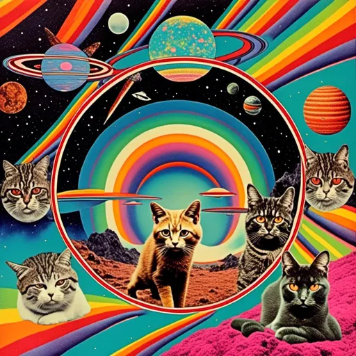 Prompt: a psychedelic collage with a vintage 70s sci-fi animation feel to it except the subject matter will be CATS IN SPACE! The collage will have elements of photography, illustration, trippy patterns and optical illusions, alien landscapes, strange trippy planets, UFOs,, meteors, all cut and spliced together in a psychedelic collage style <mymodel>