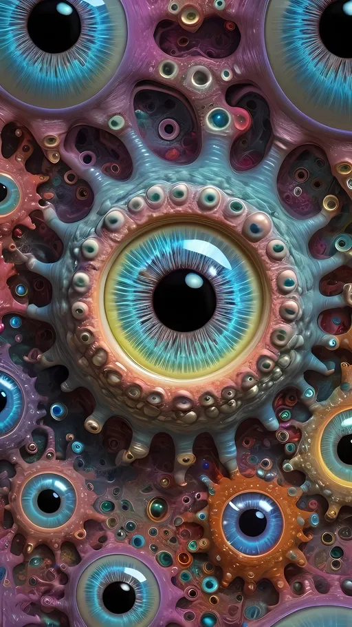 Prompt: an extremely hyper realistic ultra super textural weird trippy surreal psychedelic entity, Lyapunov Fractals, apollonian gaskets, catenoids, white, translucent, clear, bright bright pastel colors, oil slick rainbow sheen effect, lots and lots of light, lots of crazy colorful compound psychedelic human eyes, rows of human teeth, fungus, atoms, diatoms, enneper sufaces, apollonian gaskets, Lyapunov Fractals 