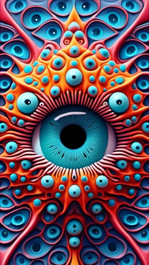 Prompt: <mymodel> Create an extremely hyper-realistic, ultra super textural, weird, trippy, surreal, psychedelic eyes/teeth/mouth entity/creature based on Mandelbrot & “Op Art tiling” with lots of human eyes (crazy colorful compound psychedelic), rows of human teeth, human lips, and tongues. 

- **Colors**: determined by the properties and expressions of the elements (& their isotopes), minerals, and metals: Tourmaline, Rhenium (Re)

**Shapes and forms**
- Mandelbrot 
- "Op Art tiling" 
-other shapes determined by the natural properties and expressions of the elements (& their isotopes), minerals, metals, and biological organisms: tourmaline,  Rhenium (Re),


- **Textures**: Derived from any/all elements (& their isotopes), minerals, metals, crystals, organic things mentioned in this prompt: tourmaline, Rhenium (Re)

**Composition and Layout**:
- a pattern/design based on the Op Art tiling & Mandelbrot 

**Lighting**:
- lots of bright light
- Phosphorescence

**Detail and Atmosphere**:
- Extreme hyperrealistic sharp high detail high definition organic and mineral textures
- Psychedelic, weird, odd, surreal atmosphere
- Frozen in time

**Additional Elements**:
- extra rows of teeth, lips, many eyes, Op Art tiling, Mandelbrot 
