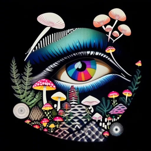 Prompt: a surreal trippy psychedelic  mixed media collage evoking the feel of vintage trippy surreal multimedia collages. It will feature mushrooms/fungus, psychedelic eyes, etc & be set amongst trippy psychedelic patterns/optical illusions,, geometric shapes and will include mediums such as photography, printmaking, painting, illustration, paper cutting, paper folding, glitter, silver foil/enamel, rhinestones, sequins, thread/string and anything else<mymodel>