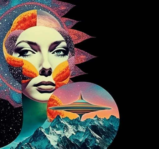 Prompt: <mymodel>Psychedelic trippy collage with a surreal vintage 70s sci-fi feel, vibrant colors, retro futuristic elements, surreal landscapes, detailed psychedelic patterns, high quality, vintage sci-fi, vibrant colors, surreal, detailed patterns, trippy, collage, 70s, retro futuristic, surreal landscapes, detailed, atmospheric lighting