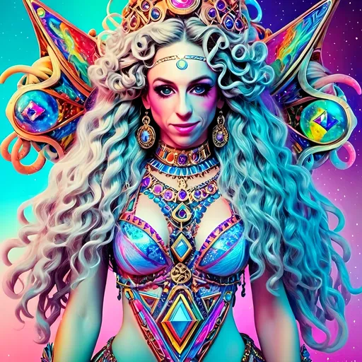 Prompt:  
"A radiant astral being with long wild curly hair dressed in avant-garde, iridescent clothing and accessories made entirely of sparkling light and fractals. The figure is glowing with cosmic energy, wearing an elaborate outfit that defies earthly fashion: flowing, asymmetrical designs with sharp angles and soft curves, crafted from swirling, colorful fractal patterns and shimmering, translucent light. The clothing features intricate details of kaleidoscopic geometry, glowing opalescent textures, and holographic accents that pulse with energy. Accessories include a bold, fractal crown or headpiece that radiates celestial light, statement earrings made of cascading star-like particles, and layered bracelets that refract into infinite rainbows. The overall vibe is futuristic, surreal, and unapologetically avant-garde, blending elements of high fashion with psychedelic aesthetics. The background is a glowing astral plane with swirling nebulas, fractal clouds, and sparkling cosmic dust, enhancing the ethereal and otherworldly vibe."
