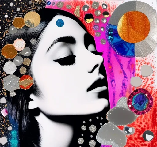 Prompt: A mixed media collage involving a photograph of a young woman (black and white or color halftones) edited and added to with things like paint, glitter, enamels, silver and copper foil/paint, sequins, beads, cut colored glass sections, etc so that it appears that glowing colorful crystals and minerals are growing out of her and across the image.,<mymodel>