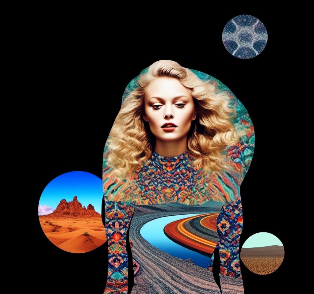 Prompt: A psychedelic collage featuring a photograph of a woman with blond curly long hair. The photo is cut and spliced with other photos - of cats, roads, landscapes, trippy optical illusion patterns, pickles, hamburgers, realistic  desert, alien  landscapes, geometric shapes in a psychedelic cut and paste collage <mymodel>