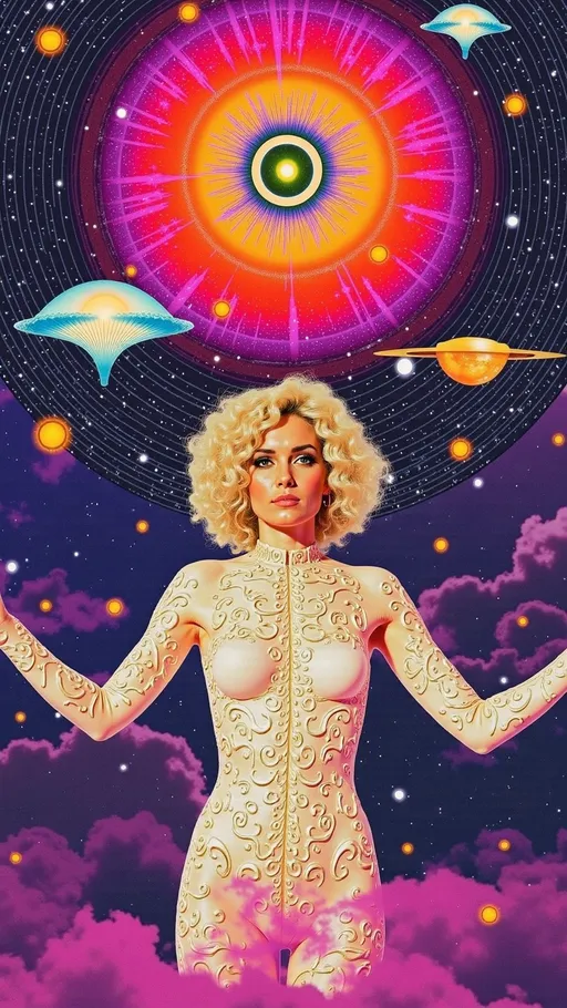 Prompt: **Prompt:**
A divine DMT entity in the form of a beautiful Caucasian woman, her wild, curly blond hair transformed into glowing, multidimensional tendrils of liquid light, flowing endlessly into the fractal infinity of hyperspace. Her body shimmers like a crystalline hologram, constantly shifting between forms—part human, part machine, part alien architecture. Her skin is adorned with intricate, bioluminescent patterns of sacred geometry, pulsating with the colors of the ultraviolet spectrum: neon pinks, radiant purples, and electric blues. Her eyes are vast, otherworldly portals, reflecting the infinite realms of the DMT hyperspace—swirling vortexes of kaleidoscopic energy and impossible landscapes. The background is alive with hyper-organic structures: cathedral-like domes made of living light, pulsating with a rhythm that feels both ancient and futuristic. Alien glyphs and symbols float in the air, as if communicating with her and the viewer telepathically. The entire scene radiates an overwhelming sense of awe, mystery, and transcendence, as though she is the guardian of the ultimate cosmic truth.