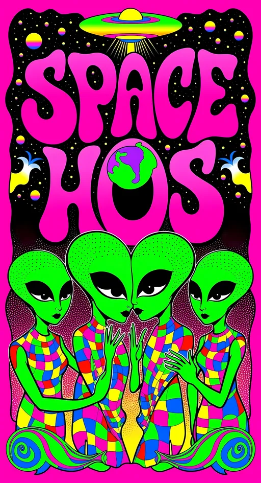 Prompt: **Space Hos - AI Art Prompt**

Create an artwork featuring the phrase "Space Hos" in a bold, sassy, girly futuristic tech font. The scene is populated by multiple striking green-skinned alien females, each exuding attitude and confidence. They are dressed in avant-garde high fashion with a futuristic edge, showcasing an array of intricate accessories that highlight their alien allure.

Each alien boasts a slightly conical-shaped bald head and large, almond-shaped black eyes, adding to their enigmatic charm. They pose with sass and poise, making a statement in the cosmic landscape.

Incorporate a vibrant UFO in the background, teeming with colorful lights that illuminate the scene. The setting is a bustling outer space landscape, complete with an alien planet, swirling asteroids, and cosmic phenomena. Alien glyphs are seamlessly integrated into the design, adding a mysterious layer.

The entire composition is busy and detailed, with every inch filled with tiny elements that captivate the viewer's attention. From the smallest star to the grandest asteroid, the scene is a masterpiece of cosmic chaos and extraterrestrial elegance.