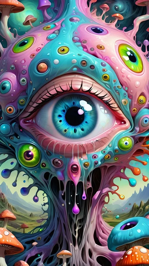 Prompt: Psychedelic, alien psychedelic eyes, weird, surreal, bizarre, ineffable, entity, numinous, lots of crazy weird inhuman psychedelic trippy eyes, melting, trippy, reality breaking down, hallucinations, drippy, dissolutionment, blobs,atoms, electrons, mushrooms, fractals, multidimensional, oozing, hyper cubes, geometry, fractals, third eye, big eyes, small eyes, crazy pupils, pastel colors,psychedelic hyper realism, ultra high resolution, surreal, digital art, intense lighting, bright pastel hues, abstract, confusing, looking at you, ultra detailed textures