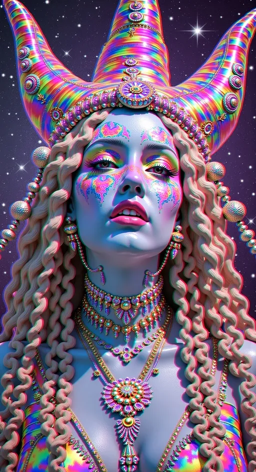 Prompt: Create a super hyperrealistic, finely detailed psychedelic Nouveau illustration of a Cosmic Jester. Feature the word MERRYPRANXTERworked organically into the background somehow.  This enchanting character is a merry prankster of the cosmos, an astral jokester dancing through time and space. She exudes a jester vibe, wearing feminine holographic jester attire & makeup with a feminine, harlequin twist. Not human, but humanoid, she is crafted from vibrant colored light, embodying an extra-dimensional extraterrestrial essence. Her presence is a beacon of joy, as she laughs and twirls through the cosmic astral realms, elevating vibes wherever she roams. 

Her beauty is otherworldly, with long, curly hair that shimmers like a cascade of colored light, appearing blonde yet transcending earthly hues. Her eyes sparkle with mischievous wisdom, and her attire is a dazzling array of intricate patterns and swirling colors, reminiscent of both jester garb and celestial phenomena.

Incorporate the text "the merrypranxter" above her in smaller, elegant lettering, seamlessly blending into the cosmic background. This text should capture the essence of her playful spirit, as if it were a whisper from the universe itself. The illustration should radiate her vibrant energy, portraying her as a timeless wanderer spreading joy and wonder throughout the cosmos.