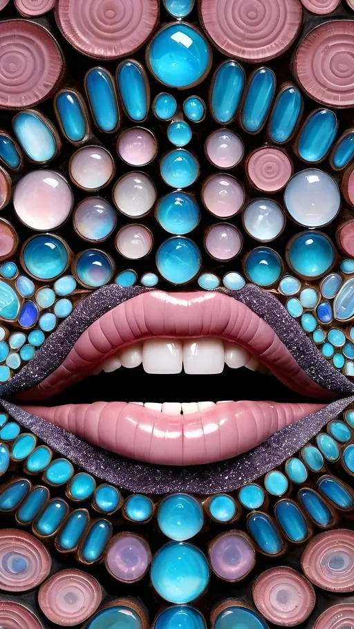 Prompt: Create an extremely hyper-realistic, ultra super textural, weird, trippy, surreal, psychedelic eyes/teeth/mouth pattern/design based on Triskelion & “Op Art tiling” with lots of human eyes (crazy colorful compound psychedelic), rows of human teeth, human lips, and tongues. 

- **Colors**: determined by the properties and expressions of the elements (& their isotopes), minerals, and metals: Helium (He), opal, moonstone, Kunzite, Fluorite, selenite, rose quartz, Palladium (Pd), “Fusarium verticillioides”, Hematite

**Shapes and forms**
- Triskelion 
- "Op Art tiling" 
-other shapes determined by the natural properties and expressions of the elements (& their isotopes), minerals, metals, and biological organisms: Helium (He), opal, moonstone, Kunzite,  Fluorite, selenite, rose quartz,  Palladium (Pd), “Fusarium verticillioides”, Hematite


- **Textures**: Derived from any/all elements (& their isotopes), minerals, metals, crystals, organic things mentioned in this prompt: Helium (He), opal, moonstone, Kunzite, Fluorite,  selenite, rose quartz, Palladium (Pd), “Fusarium verticillioides”, Hematite

**Composition and Layout**:
- a pattern/design based on the Op Art tiling & Triskelion 

**Lighting**:
- lots of bright light
- Iridescence
- Aventurescence
- Chatoyancy
- Asterism

**Detail and Atmosphere**:
- Extreme hyperrealistic sharp high detail high definition organic and mineral textures
- Psychedelic, weird, odd, surreal atmosphere
- Frozen in time

**Additional Elements**:
- extra rows of teeth, lips, many eyes, Op Art tiling, Triskelion, Iridescence, Aventurescence, Chatoyancy
