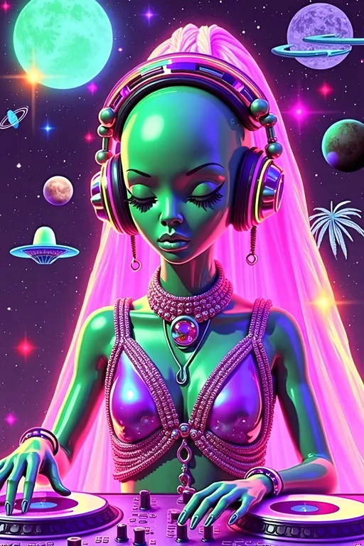 Prompt: **Glitchy Cosmic DJ Diva - AI Art Prompt**

Create an artwork featuring our iconic green-skinned alien babe as the ultimate DJ at a cosmic rave. She's working the turntables with finesse, her bald conical head adorned with a sleek, futuristic headset that pulses with neon lights in sync with the beats.

Dress her in futuristic, glowy rave attire that's both stylish and PG-13, featuring bold patterns and luminescent accents that shimmer with every movement. Her outfit should reflect the vibrant energy of the rave, with colors that pop and glow against the cosmic backdrop.

Surrounding her are a crowd of aliens grooving and raving to the cosmic tunes. These green-skinned partygoers are immersed in the rhythm, their bodies shimmering with astral light and cosmic sweat as they dance under the vast expanse of the astral plane.

The scene is alive with vibrant astral light that flickers and glows in time with the music, casting colorful reflections across the dance floor. Planets, stars, and asteroids form the backdrop, adding depth and a sense of infinite space to the rave.

Introduce a super glitchy aesthetic to the entire composition, with digital distortions and pixelated effects that add a layer of futuristic intrigue. The glitch elements should enhance the dynamic and energetic atmosphere, making the scene feel like a digital dreamscape.

A prominent UFO hovers nearby, its sleek design and luminescent glow adding an extra layer of sci-fi intrigue to the scene. The UFO's lights pulse in harmony with the music, enhancing the otherworldly atmosphere.

Balance hyperrealistic textures with an illustrative, artistic style, capturing the energy and excitement of this cosmic rave. Let the fine details and vibrant colors transport viewers into a realm where music and the extraterrestrial collide, in a celebration of cosmic joy and exploration. 🎧👽🌌

Let this prompt inspire a piece that's as dynamic and visually captivating as it is uniquely yours!