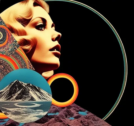 Prompt: <mymodel>Psychedelic trippy collage with a surreal vintage 70s sci-fi feel, vibrant colors, retro futuristic elements, surreal landscapes, detailed psychedelic patterns, high quality, vintage sci-fi, mixed with photograph of a woman with blond curly hair, geometric shape and optical illusions, vibrant colors, surreal, detailed patterns, trippy, collage, 70s, retro futuristic, surreal landscapes, detailed, atmospheric lighting