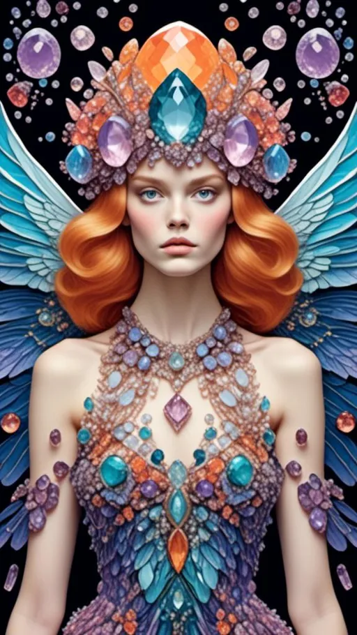 Prompt: <mymodel>Beautiful fairy made of gemstones and crystals, mushroom and crystal theme, inlaid gemstone and crystal details, high quality, fantasy, magical, vibrant colors, ethereal lighting, detailed wings and hair, jewel-toned, sparkling, enchanting atmosphere, whimsical, fantasy illustration, intricate details