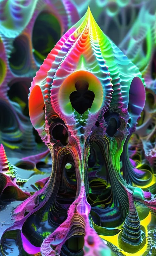 Prompt: **Prompt:**

A disturbing, non-Euclidean alien horror entity formed from dripping, iridescent rainbow slime and glitching fractal membranes—its surface shifts with psychedelic interference patterns, thin-film iridescence, and recursive Mandelbrot textures. The creature stands in a warped dimensional plane where geometry folds in on itself—arches melt into holes that bloom into impossible topologies. Its hollow, spiked head resembles a cross between a coral skeleton and a hyperbolic shell, with gaping voids that defy light.

The colors are saturated, chaotic, and dissonant—neon purples, chromatic greens, toxic pinks, and blacklight blues swirl together in oily holographic trails. Every surface oozes refracted geometry like a living diffraction grating.

Surrounding the creature is a surreal, shifting landscape of looped architecture made of tangled optical illusions—Escherian columns twist sideways, shadows fall in the wrong direction, and perspective breaks at every turn. The atmosphere is soaked in radioactive haze.

Style: a fusion of **psychedelic glitch horror**, **La Planète Sauvage** analog ink style, and **ultra hyperrealistic fractal render**. Medium: digital painting. Lighting: ambient glow from within the creature, casting living shadows. Mood: profoundly unsettling, hypnotically beautiful, alien beyond comprehension.
