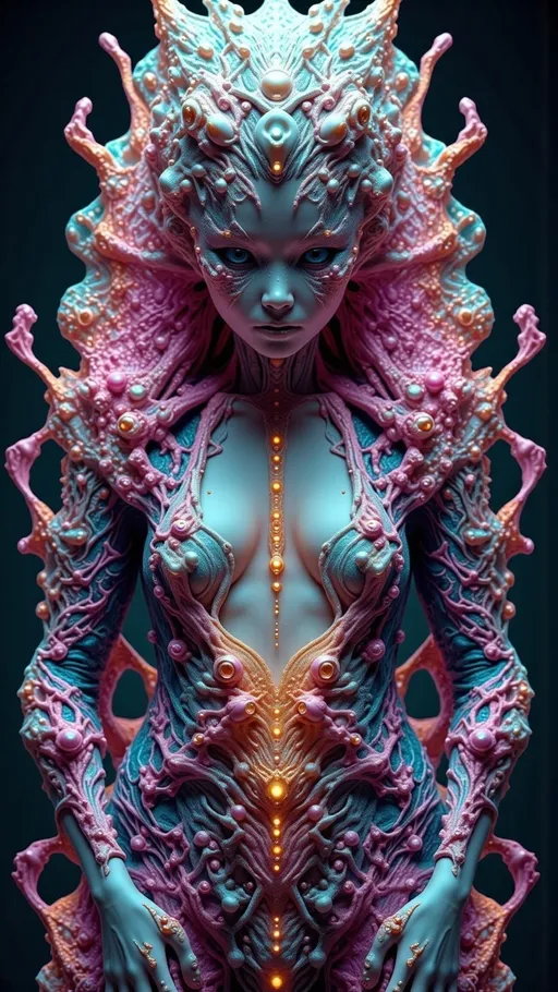 Prompt: A surreal, fractal-inspired psychedelic hallucination of a creature that is both beautiful and deeply unsettling. Its body spirals infinitely into fractal patterns, alive with shifting, morphing geometry. The surface is hyperrealistic, a kaleidoscope of textures—stained glass, liquid mercury, and shimmering opals—reflecting vibrant hues of magenta, cyan, gold, and emerald. Its elongated, insectoid limbs are adorned with crystalline growths resembling quartz and amethyst, while its head is crowned with glowing, pulsating tendrils like neon jellyfish, radiating bioluminescent light.

From the center of its chest emerges *me*—a caucasian slim woman with long wild pink very curly hair and piercing blue eyes. My hair blends into the creature’s fractal tendrils as though I am both part of it and separate. My expression is serene yet haunting, my translucent skin glowing faintly, with veins of liquid gold coursing beneath the surface, merging seamlessly into the creature’s anatomy.

The background is an infinite void of swirling fractal geometry—mandalas within mandalas, endlessly recursive patterns alive with neon light. The lighting is dynamic and otherworldly, refracting through the crystalline features of the creature to cast rainbow shadows. The style is hyperrealistic with a surreal twist, blending the intricate fractal geometry of Benoit Mandelbrot with the visionary art of Alex Grey and Android Jones. Every detail is meticulously rendered, from the microscopic textures of the creature’s skin to the infinite spirals in the background.

The mood is mesmerizing yet disquieting, evoking awe and discomfort, as if viewing a divine, alien entity beyond human comprehension. Soft, organic outlines dissolve into the hyper-detailed textures, with glowing, ethereal light creating a living, breathing atmosphere.