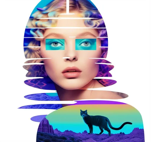 Prompt: A psychedelic collage featuring a photograph of a woman with blond curly long hair. The photo is cut and spliced with other photos - of cats, eyes, body parts, roads, landscapes, trippy optical illusion patterns, pickles, hamburgers, realistic  desert, alien  landscapes, geometric shapes etc in such a way that she has a psychedelic open third eye, in a psychedelic cut and paste collage <mymodel>