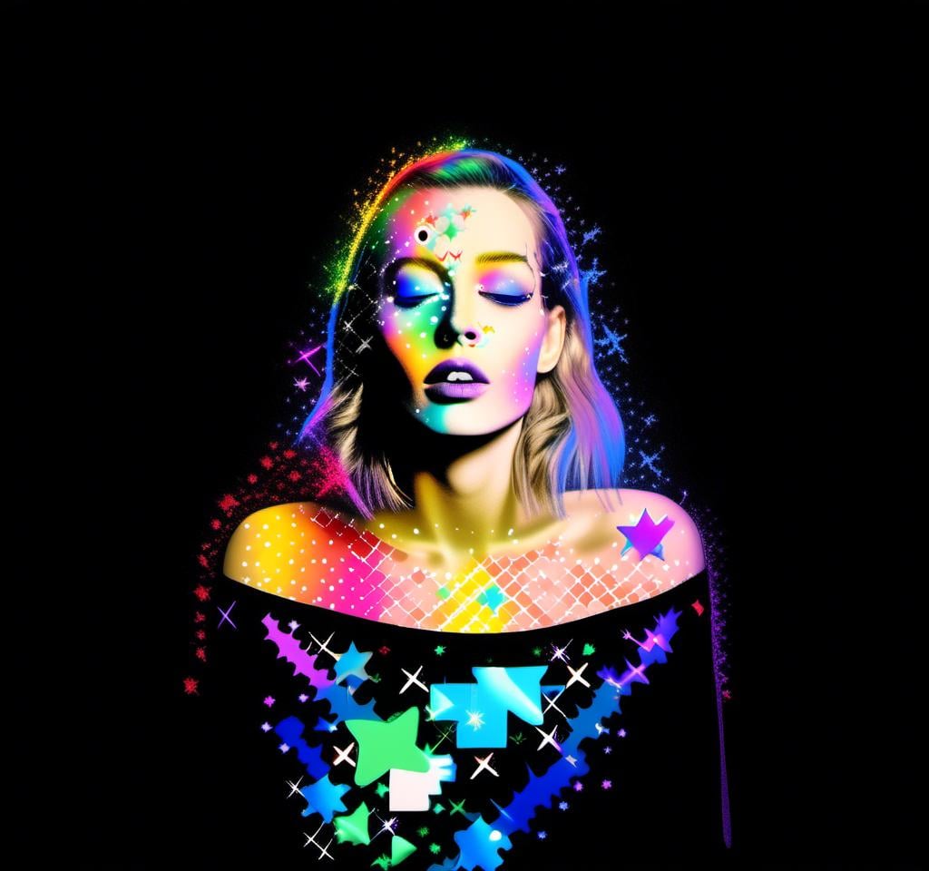 Prompt: a photograph (black and white or halftone) of a woman with multimedia colorful galaxies and stars in her wide eyes who is vomiting pure rainbows and stardust sparkles. She wretches as a beautiful spectrum of colorful light and sparklies made of paint, enamel, glitter, foils, pearl dust, rhinestones, metal, beads, marker, etc spills from her open mouth with force lighting up the room<mymodel>