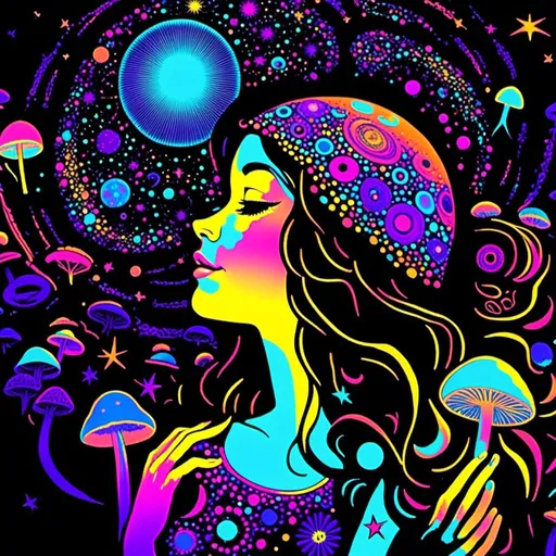 Prompt: <mymodel>Vintage 70s black light poster art illustration, girl hallucinating in space, psychedelic mushrooms, planets, moons, stars, fractals, vibrant colors, intense black light effects, detailed psychedelic girl, cosmic atmosphere, high quality, psychedelic, vintage, space, vibrant colors, fractal details, hallucination, girl illustration, retro art style, cosmic lighting