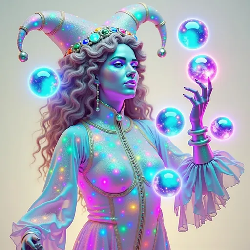Prompt: A super hyperrealistic yet also illustrative and creative female cosmic jester, made entirely of swirling pure colored light, with long wild curly hair that appears pink but is a dazzling spectrum of hues shimmering beneath the surface. She is adorned in beautiful avant-garde "astral" jester's attire, complete with intricate clown makeup that glimmers like stardust and a definitive jester's hat adorned with miniature galaxies that orbit its tips. Her ensemble includes exquisite accoutrements—ornate cosmic bangles that hum with the resonance of distant quasars and an ethereal cape that flows like liquid auroras. She sparkles, shines, and dazzles in a mesmerizing swirl of ever-changing colors, embodying the essence of cosmic whimsy and wonder. Perched atop an enormous, spinning Möbius strip made of liquid starlight, she juggles glowing quantum orbs that flicker between states of existence, each orb containing a miniature universe that pulses with fractal patterns. The background is a psychedelic tapestry of hyperdimensional geometry, where constellations rearrange themselves into impossible shapes, and stars pulse to the rhythm of an unheard cosmic melody. Fractal tessellations resembling Escher-like infinity loops cascade through the scene, while quantum entanglement trails connect her juggling orbs in a dance of light. Möbius transformations ripple through the liquid starlight, creating endless loops of brilliance, as pulsating nebulas, astral winds swirling with cosmic dust, and shimmering auroras flow like liquid silk across the infinite expanse.