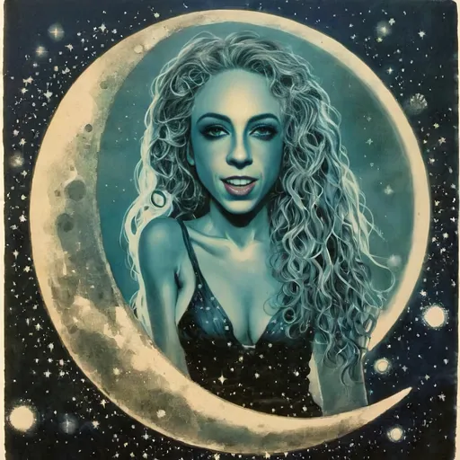 Prompt: Vintage Cyanotype print of a alien girl on the moon, long curly blond hair,  detailed silhouette, vintage artistic style, cool tones, subtle moonlight, high quality, cyanotype print, vintage, detailed silhouette, moon, girl, subtle lighting, cool tones