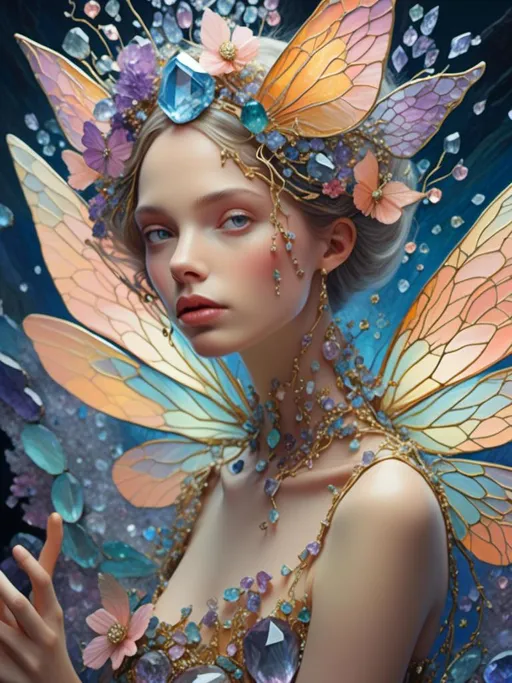 Prompt: <mymodel>Fairies crafted from gemstones, sparkling and ethereal, magical aura, high quality, detailed, fantasy, jewel-like textures, radiant glow, surreal, enchanting, pastel tones, soft and luminous lighting, ultra-detailed, mystical beings, shimmering wings, intricate design, whimsical, dreamlike