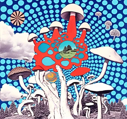 Prompt: <mymodel>Retro psychedelic collage of vibrant, 70s-inspired fungus, mushrooms, vibrant colors and patterns, surreal collage cut and paste composition, landscapes, trippy patterns, optical illusions, planets vintage analog texture, high quality, retro, psychedelic, vibrant colors, surreal, vintage, analog texture, detailed patterns, artistic