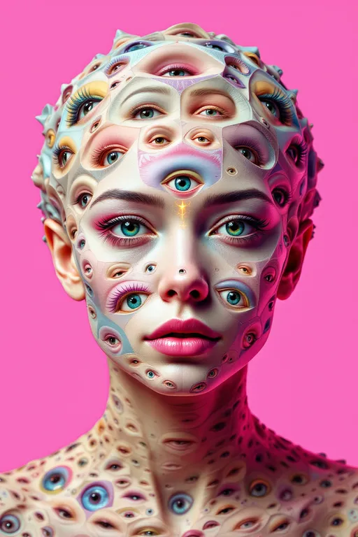 Prompt: A maximalist, hyper-saturated portrait of a clothed paradox empress shown from shoulders upward, her torso visible but modestly covered in fractal fabrics. She is literally built from faces: dozens, hundreds, an architecture of visages layered, tiled, and peeling across flesh. Primary face frontal and hyper-crisp, yet its surface peels open into smaller faces; each cheek contains a tiny portrait, every eyelash sprouts an eye that contains another tiny face, mouths nested like Russian dolls. Some faces are masks adhered and being removed, some are portraits painting portraits, some are mirrors reflecting faces that deny their reflections. Faces tile into Penrose mosaics, faces spiral into Mandelbrot clusters, faces fracture into Cantor dust and then re-emerge as new faces. Each face both affirms and denies itself: inscriptions across brows read “I am not” in glowing glyphs, then dissolve into truth statements that self-erasure cancels. Eyes across her skin blink asynchronously—open and closed at once—creating a temporal paradox; smiles bloom and then retract mid-pixel. Hair is a crown of fractal tendrils that weave faces into strands: Möbius masks, Klein-bottle visages, Fibonacci coils of tiny mouths singing silence. Mathematical sigils and equations pulse through countenances: Euler chrome flashes, ζ(s) waves across foreheads, Gödel glyphs tracing the outlines of cheekbones. The whole is acid-neon maximalism: molten magenta, radioactive green, ultraviolet cyan, searing gold, glittering chrome gradients, dazzling sparkle and lens-flare dust. Background is Escherian: staircases of faces rising and falling, mirrors reflecting mirrors of faces that do not exist yet. Render ultra-crisp 8K photoreal detail for central face while allowing cascading faces and textures to devolve into fractal hallucination—paradox, multiplicity, recursion, and denial embodied in one many-faced goddess.
