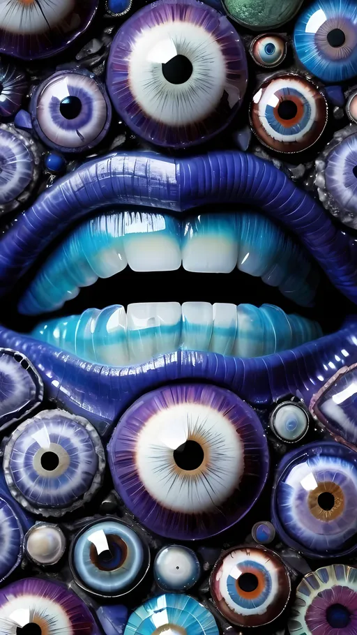 Prompt: Create an extremely hyper-realistic, ultra super textural, weird, trippy, surreal, psychedelic eyes/teeth/mouth pattern/design based on “Hypocycloid” & “op art tiling” with lots of human eyes (crazy colorful compound psychedelic), rows of human teeth, human lips, and tongues. 

- **Colors**: determined by the natural properties and expressions of the elements (& their isotopes), raw rough minerals, and metals: Nickel (Ni), Tanzanite, Feldspar, Pectolite, Lazurite,  Indicolite

**Shapes and forms**
- “Hypocycloid”
-other shapes determined by the natural properties and expressions of the elements (& their isotopes), raw rough minerals, metals, and biological organisms: Fluorite, Nickel (Ni), Tanzanite, Feldspar, Pectolite, Lazurite, Indicolite

- **Textures**: Derived from any/all elements (& their isotopes), minerals, metals, crystals, organic things mentioned in this prompt: “Hypocycloid”, Fluorite, Nickel (Ni), Tanzanite, Feldspar, Pectolite, Lazurite, Indicolite

**Composition and Layout**:
- a pattern/design based on the “Hypocycloid”

**Lighting**
- lots and lots of bright shining reflective light


**Detail and Atmosphere**:
- Extreme hyperrealistic sharp high detail high definition organic and mineral textures
- Psychedelic, weird, odd, surreal atmosphere
- Frozen in time

**Additional Elements**:
- extra rows of teeth, lips, many eyes, “Hypocycloid”, Aventurescence, Chatoyancy
