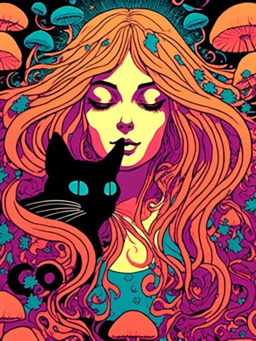 Prompt: <mymodel>Psychedelic poster illustration of a girl with long, curly blond hair, solid black cat, trippy mushrooms, vibrant colors, high-quality, poster art, surreal, detailed hair, psychedelic, detailed cat, colorful, vibrant, surreal, professional lighting