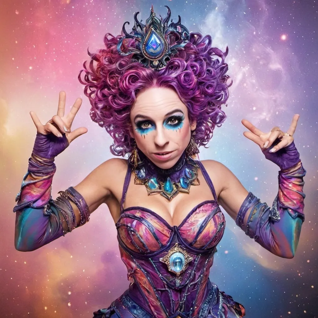 Prompt: A super hyperrealistic yet also illustrative and creative female cosmic jester, made entirely of swirling pure colored light, with long wild curly hair that appears blond but is a dazzling spectrum of hues. She is adorned in beautiful avant-garde "astral" jester's attire, complete with intricate harlequin clown makeup and a HUGELY OVERSTATED jester's hat that twists and bends into impossible, otherworldly shapes. Her hat sparkles with iridescent gems and glowing cosmic patterns, radiating a surreal, trippy energy. Her ensemble includes exquisite, shimmering accoutrements like glowing ribbons of stardust, cascading light veils, and crystalline bells that chime with the sound of distant galaxies. She sparkles, shines, and dazzles in a mesmerizing swirl of ever-changing colors, embodying the essence of cosmic whimsy and wonder. She stands on a floating, kaleidoscopic fractal platform that endlessly morphs and twists through the void of the astral realms. Behind her, a shimmering nebula of liquid rainbow light swirls and pulses, while shimmering comets streak across the scene. The cosmic jester juggles glowing orbs of quantum energy, each orb containing miniature universes that spin and glimmer with infinite possibilities. Her laughter echoes like a symphony of stars, and her every movement leaves trails of dazzling light that ripple like water across the fabric of space-time. The entire scene is awash with iridescent fractal spirals, the platform morphing with Mandelbrot set fractals, while liquid rainbow nebulae and glowing stardust create an atmosphere of pure astral magic.