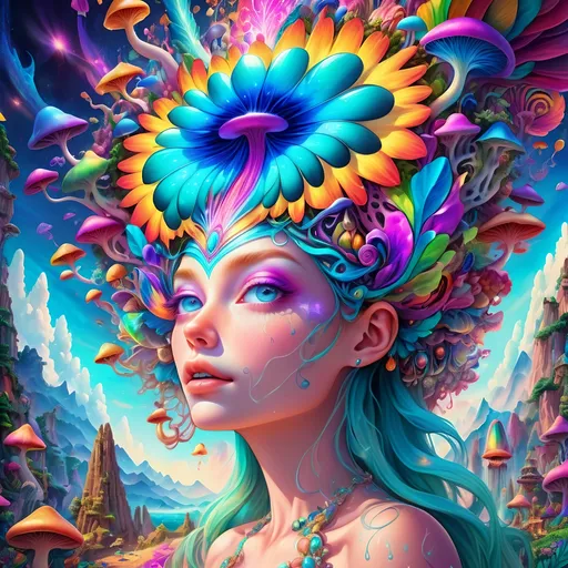 Prompt: Ultra high definition super hyperrealism of Psychedelic goddess with mushroom-inspired features, vibrant fractals, hallucinatory atmosphere, divine feminine energy, psilocybe cubensis, liberty caps, trippy visuals, mystical aura, highres, colorful, psychedelic, detailed features, surreal, vibrant colors, hallucinatory lighting