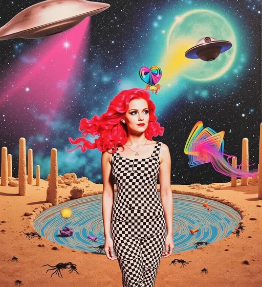 Prompt: A surreal psychedelic collage unfolds in a vibrant, otherworldly composition. At the center, a caucasian slim woman with long wild pink very curly hair emerges, seamlessly integrated into an alien dreamscape. Her hair spirals outward, merging into rainbow spectrums and optical illusion patterns—checkerboards that twist into impossible Escher-like dimensions. She wears a flowing, iridescent top patterned with crystalline shapes and 4th-dimensional geometry, her glowing blue eyes reflecting the mysteries of the cosmos.

Behind her, a flying saucer hovers, its metallic surface refracting shifting neon hues, beaming down a cone of light filled with floating psilocybin liberty cap mushrooms. The mushrooms glow faintly, their translucent caps adorned with fractal patterns that pulse with vibrational energy. Around her, the alien landscape is alive with surreal details: jagged crystal spires erupting from the ground, insects and spiders with kaleidoscopic exoskeletons crawling across surfaces, and shimmering pools of liquid light reflecting the stars of deep space.

The sky is a swirling cosmic tapestry of galaxies, nebulae, and 4th-dimensional shapes that twist and overlap in impossible ways. Quantum particles streak through the air, leaving trails of iridescence, while vibrations ripple outward in visible waves, distorting the space around them. Optical illusion patterns—spirals, grids, and infinite loops—blend seamlessly into the terrain, creating a sense of infinite depth and movement.

The color palette is a hypnotic mix of neon pinks, electric blues, acid greens, and golden yellows, balanced with deep cosmic purples and blacks. The lighting is surreal and radiant, with glowing highlights and prismatic reflections. The style is a retro psychedelic collage, blending analog textures with surrealist influences reminiscent of artists like Mati Klarwein. The mood is weird yet harmonious, a mesmerizing fusion of chaos and beauty, drawing the viewer into its kaleidoscopic depths.