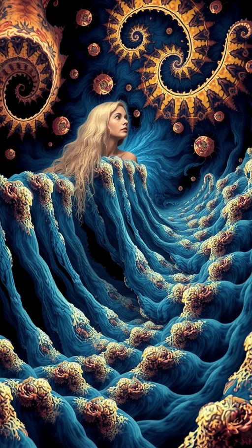 Prompt: A psychedelic ego death experience. A girl with long blond curly hair on psychedelics hallucinating herself melting into and becoming fractals, drowning in an infinite swirling subterranean underground angry chaotic roiling ocean of pure fractals geometry.  She melts, and becomes one with the ocean, becoming fractals herself and experiencing being one with everything in the universe, seeing it all from every point of view, before forming into human again over and over. Fractal geometry ocean, waves, currents, riptide, flowing, churning, underground cave 