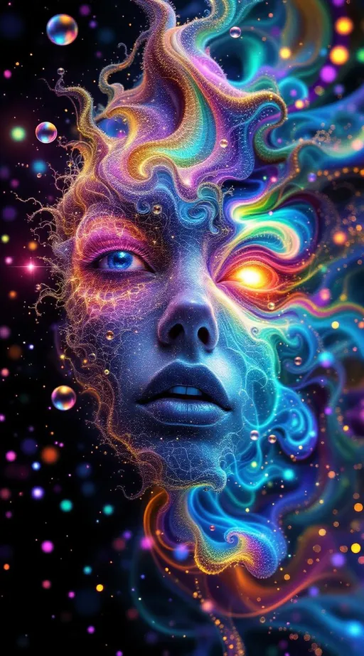 Prompt: "An interdimensional, recursive abstract face formed from complex fractal geometries and spectral rainbow light, now enveloped in a secondary layer of fractal sparkle fields—dimensional clouds of intelligent light particles. The facial structure itself is deeply recursive: the eyes spiral with nested Julia sets and Lorenz flows; the lips undulate with flame fractals splitting infinitely; the skin tessellates with Mandelbox geometry. Around this form floats an entire fractal dimension composed of luminous micro-attractors—each particle a point of recursive light orbiting in strange-attractor spirals. These sparkles pulse, flicker, and drift through the air like sentient plasma, forming halos, trails, and feedback patterns. As the fractal face pulses, so do the particles—synchronizing in recursive waveforms of light, creating a dimensional shimmer. The entire scene is embedded in warped, non-Euclidean space where every photon bends and splits into recursive rainbow arcs. Light and form are indistinguishable. The face is both infinite structure and mythic intelligence, a being of sacred geometry surrounded by luminous fractal swarms that mirror its inner logic. Each sparkle is a whisper of the whole."

